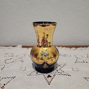Vintage Venetian Murano Cobalt Blue Vase Floral Enamel 24K Gold Painted Art 4"